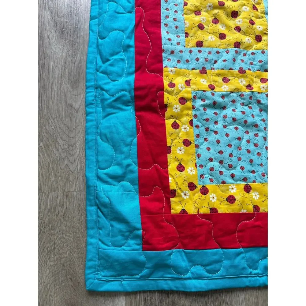 Handmade Quilt, ladybug daisy, Blue yellow red, child, baby, blanket